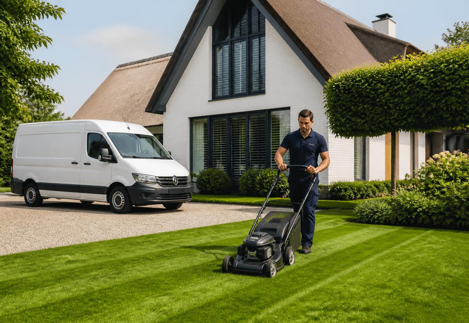 Hovenier van FastFix Cleaning maait een gazon bij een woning in Flevoland
