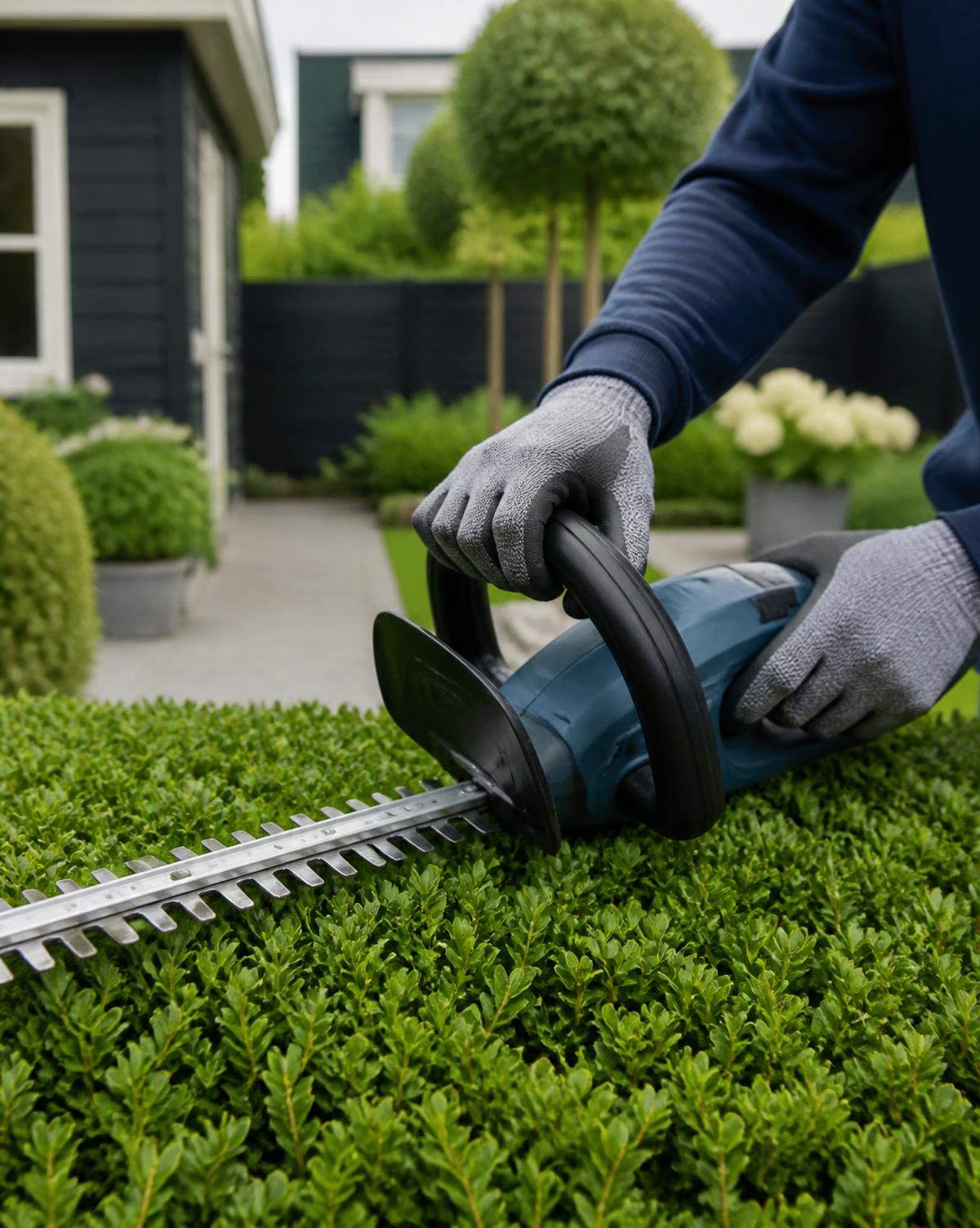 Hovenier van FastFix Cleaning snoeit een haag in Lelystad